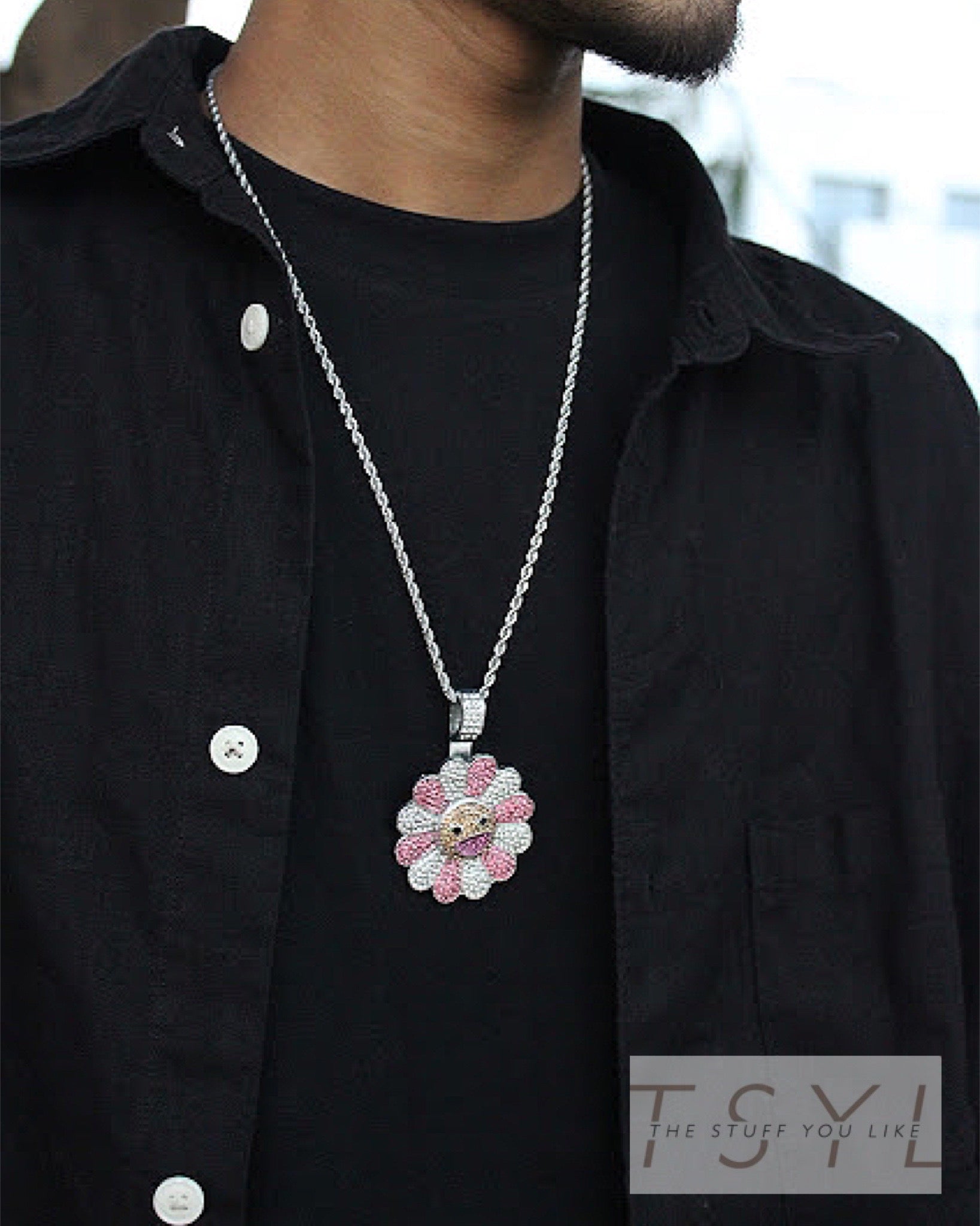 ICEDOUT FLOWER SPINNING NECKLACE PINK