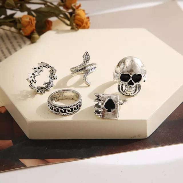SKULL ACE CARD SNAKE TRIBAL RING SET OF 5