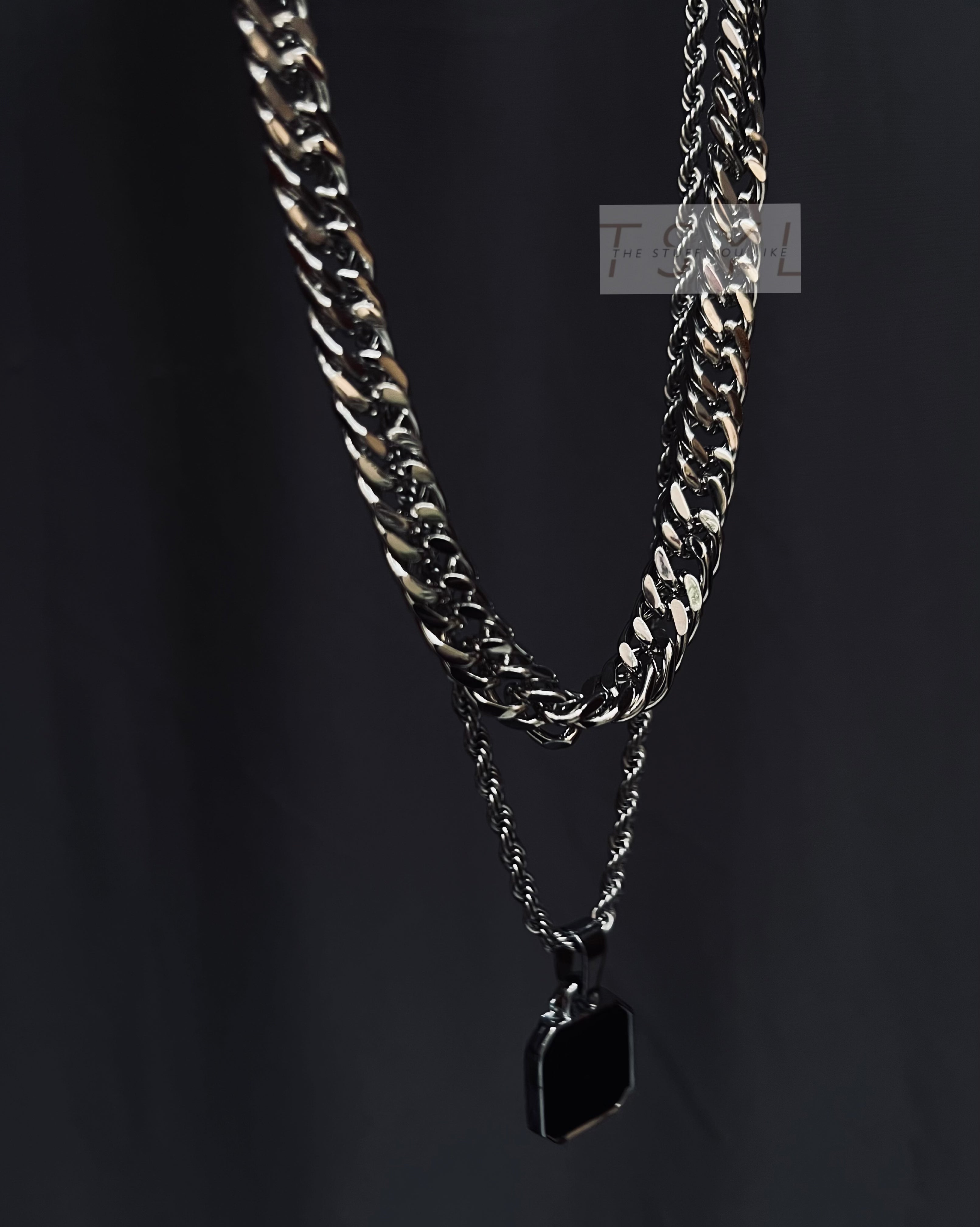 Onxy amulet block pendant with twisted rope chain and cuban chain combo