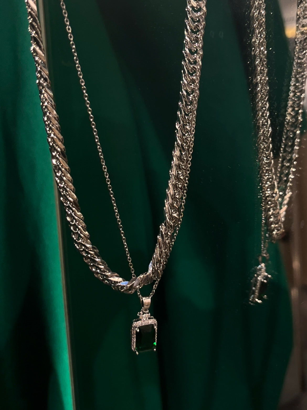 STAINLESS STEEL CUBAN CHAIN AND GREEN STONE CHAIN COMBO