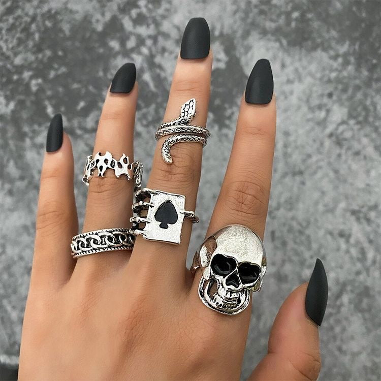 SKULL ACE CARD SNAKE TRIBAL RING  SET OF 5