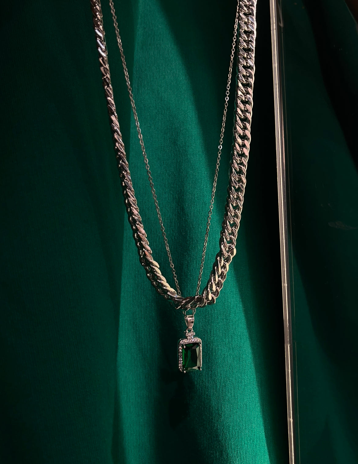 STAINLESS STEEL CUBAN CHAIN AND GREEN STONE CHAIN COMBO