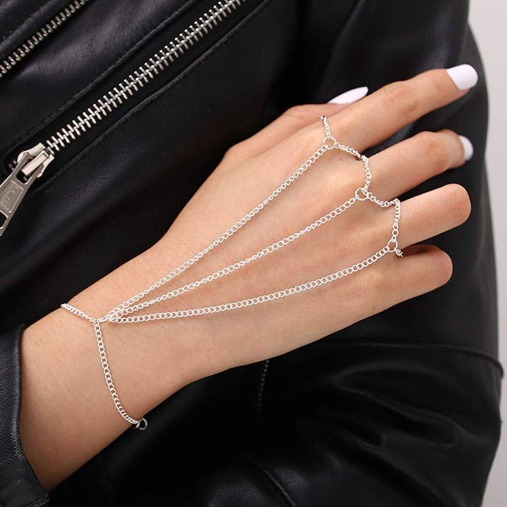 UNISEX SILVER  3 FINGER CHAIN HAND  BRACELET