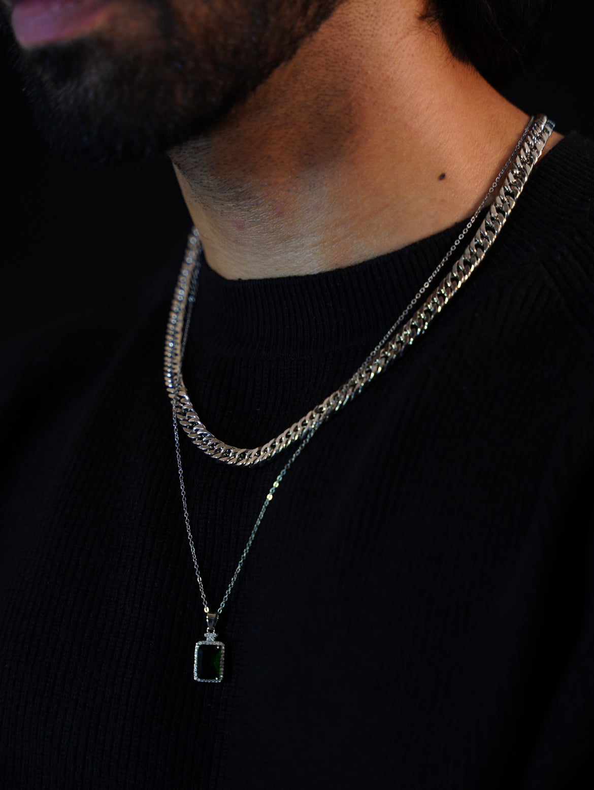 STAINLESS STEEL CUBAN CHAIN AND GREEN STONE CHAIN COMBO